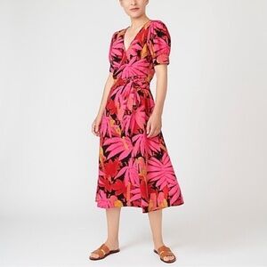 J. Crew Midi Dress Faux Wrap Pink Tropical Palm/Island Hawaiian Floral Print 14